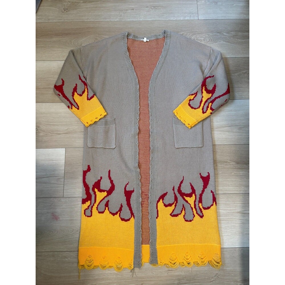 Love Sense Flame Women's Cardigan M Gray Yellow Red Distressed Hem Oversized Kni